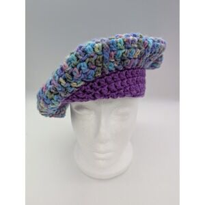 Handmade Crochet Beret Hat Multicolor Purple Blue Boho Slouchy Tam